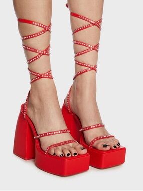 Public Desire Red Rhinestone Chunky Platform Heels